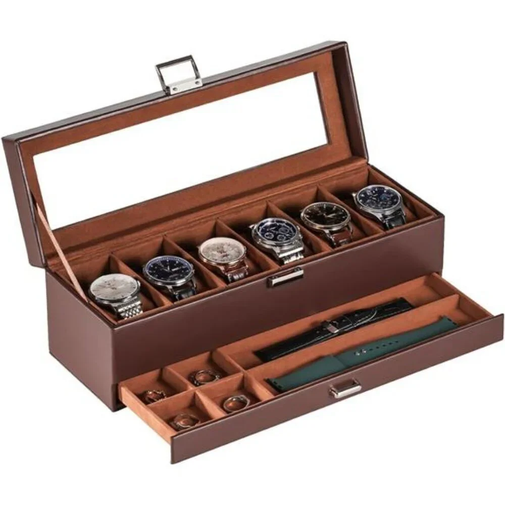 Lolalet Watch Box for Men 6 Slot Display Case Drawer Storage Organizer Glass